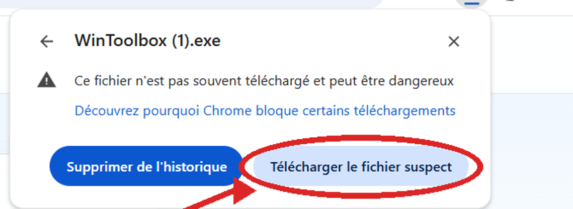 Option Chrome pour télécharger le fichier malgré l'avertissement