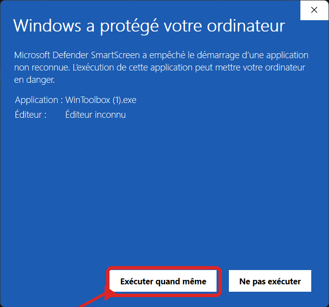 Fenêtre Windows SmartScreen avec le bouton Exécuter quand même